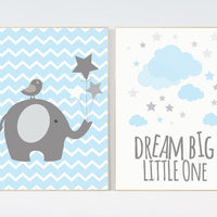 Baby boy nursery set, elephant nursery, blue nursery decor, Dream Big Little One Art Print baby boy nursery blue gray nursery wall art