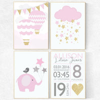 Baby girl nursery, Pink gold nursery, baby birth stats, pink and gold baby shower, birth stats wall art, elephant nursery, hot air balloon