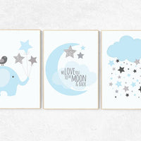 We love you to the moon and stars, nursery, blue gray nursery decor, baby boy nursery, hot air balloon nursery art baby room decor elephant
