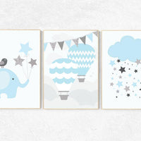 Hot air balloon nursery, baby boy nursery, nursery decor boy, cloud nursery, elephant nursery decor, boys room decor, boys room wall art