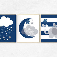 We love you to the moon and back, nursery decor, navy nursery decor, moon nursery, elephant nursery, nursery wall art, baby room decor, navy