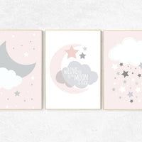 We love you to the moon and back, pink nursery art, star nursery decor, nursery decor, pale pink, moon nursery, baby girl nursery wall art
