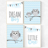 Owl nursery decor, Baby boy nursery, moon print, dream big little one, owl nursery wall art, blue gray nursery, boys room wall art, baby boy