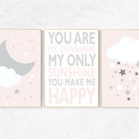 Blush nursery art, you are my sunshine my only sunshine, nursery decor, pale pink, moon nursery, baby girl nursery wall art, pink wall art