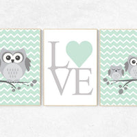 Gender neutral nursery decor, mint nursery decor, owl nursery wall art, mint gray, owl room decor, owl nursery owl nursery wall art new baby