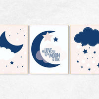 We love you to the moon and back, pink nursery art, star nursery decor, nursery decor, navy pale pink, moon nursery, baby girl nursery wall