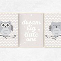 Owl nursery decor, Dream Big Little One, gender neutral nursery, beige and cream, Nursery Decor, Gray Beige gender neutral baby shower