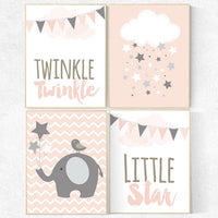 Nursery decor girl, blush pink nursery, nursery decor elephant, light coral nursery, twinkle twinkle little star, moon and star nursery