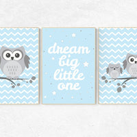 Dream Big Little One, owl nursery art, Baby boy nursery decor, Blue gray nursery, boys room wall art, baby room prints, set of 3, boys room