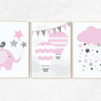 Pink and grey nursery decor, baby girl nursery wall art, pink silver nursery decor, pink silver, elephant nursery baby gift, pink and gray