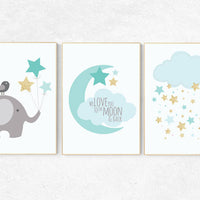 Mint nursery decor, mint and gold nursery wall art, we love you to the moon and back, elephant nursery hot air balloon nursery cloud nursery