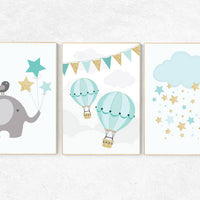 Mint nursery decor, mint and gold nursery wall art, hot air balloon nursery wall art, elephant nursery hot air balloon nursery cloud nursery