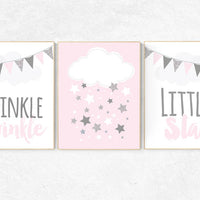 Nursery decor girl pink and gray, twinkle twinkle little star, , girls room decor, cloud and star nursery, pink and silver, pink nursery