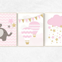 Pink gold nursery, elephant nursery, pink and gold baby shower, hot air balloon nursery, girls nursery room, nursery wall art, set of 3