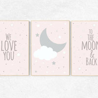 We love you to the moon and back, pink nursery art, star nursery decor, nursery decor, pale pink, moon nursery, baby girl nursery wall art
