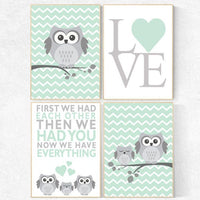Owl nursery wall art, mint nursery decor, first we had each other then we had you, mint gray, owl nursery, gender neutral, baby room art