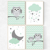 Owl nursery wall art, gender neutral nursery decor, mint nursery decor, mint gray, owl room decor, owl nursery decor, light green nursery