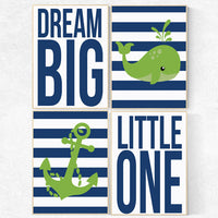 Nautical Nursery Art Print Set , Navy Blue, Green, dream big little one, whale nursery decor, baby boy nursery nautical prints nursery decor