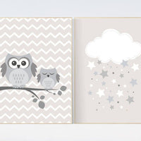 Gender neutral nursery, neutral nursery wall art, neutral nursery prints, owl nursery decor, owl print nursery, gray nursery cloud and stars
