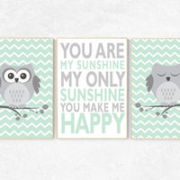 Owl nursery wall art, mint nursery decor, you are my sunshine wall art, mint gray, owl room decor, owl nursery, gender neutral nursery decor