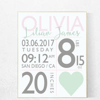 Nursery name sign, name sign, birth stats wall art, birth stats sign, nursery decor girl, nursery decor personalized, baby birth stats