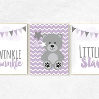 Twinkle Twinkle Little Star, Purple nursery decor, teddy bear nursery, baby girl nursery wall art, new baby gift, purple gray nursery Purple