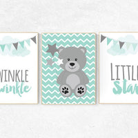 Twinkle Twinkle Little Star, Mint nursery decor, teddy bear nursery, gender neutral baby, Baby Boy Nursery Wall Art, mint gray, mint gray
