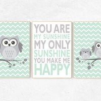 Owl nursery wall art, mint nursery decor, you are my sunshine wall art, mint gray, owl room decor, owl nursery, gender neutral nursery decor