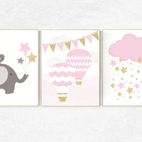 Pink gold nursery, elephant nursery, pink and gold baby shower, hot air balloon nursery, girls nursery room, nursery wall art, set of 3