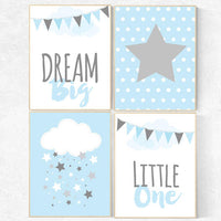 Blue nursery art, Dream Big little one, nursery decor boy, blue and gray nursery, moon and stars, cloud and star nursery, baby blue nursery