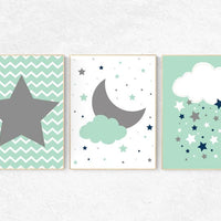 Mint navy nursery decor, cloud nursery mint nursery, star nursery decor, nursery wall art, set of 3, nursery prints, baby room, mint navy