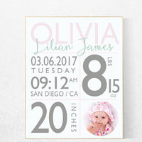 Girl birth announcement nursery decor, pink nursery decor, baby birth print, pink nursery, baby stats, new baby gift ideas Personalized