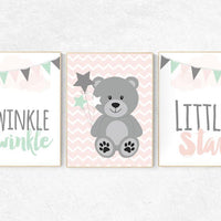 Nursery decor girl mint pink, pink and mint nursery art, twinkle twinkle little star, nursery decor bear, nursery wall art girl, girls room