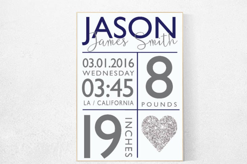 Navy nursery decor, baby birth stats, navy silver nursery, baby boy nursery decor, nursery wall art, baby room decor, navy and silver, name