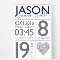 Navy nursery decor, baby birth stats, navy silver nursery, baby boy nursery decor, nursery wall art, baby room decor, navy and silver, name