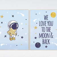 Outer space nursery wall art, we love you to the moon and back, navy space nursery decor, baby boy, moon print, playroom decor, kids room