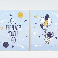 Nursery decor boy space, oh the places you'll go, blue nursery wall art, astronaut nursery print, nursery decor blue, blue gold, balloon