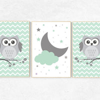 Gender neutral nursery decor, mint nursery decor, owl nursery wall art, mint gray, owl room decor, owl nursery owl nursery wall art new baby