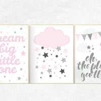 nursery decor girl pink and gray, hot air balloon nursery print, dream big little one, pink and silver nursery, girls nursery decor