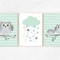 Gender neutral nursery decor, mint nursery decor, owl nursery wall art, mint gray, owl room decor, owl nursery owl nursery wall art new baby