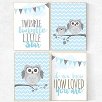 Twinkle Twinkle Little Star, owl nursery, Baby boy nursery decor, Blue gray nursery, boys room wall art, baby room prints, nursery decor