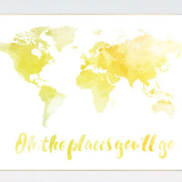 World map wall art, yellow world map, oh the places you'll go, watercolor map, nursery map wall art, yellow nursery decor, world map poster
