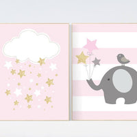 Pink gold nursery decor, Elephant nursery, cloud nursery, baby girl nursery wall art, baby room decor, nursery decor girls, baby room prints