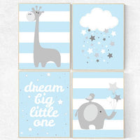 Baby boy nursery decor, dream big little one, Elephant Nursery, baby boy nursery decor wall art,blue nursery decor, blue nursery print