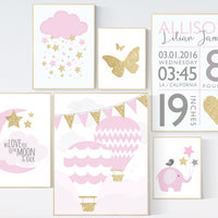 Nursery decor girl pink and gold, hot air balloon nursery, star and moon nursery decor, nursery decor elephant, pink gold baby shower
