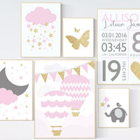 Birth stats wall art, pink silver nursery, hot air balloon nursery, set of 6, cloud nursery personalized nursery pink and silver baby shower