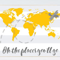 Oh the places you'll go, travel nursery decor, World Map wall art, world map nursery, yellow nursery, gender neutral nursery, yellow gray