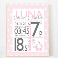 CUSTOMIZE! Girl birth announcement nursery decor, pink nursery decor, nursery prints, baby birth print, pink and gray, baby stats gift ideas