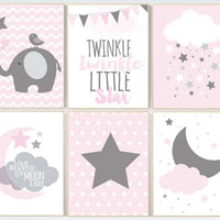 CUSTOMIZE! Pink Gray Nursery Art, Twinle twinkle, Baby Girl Nursery Decor, Nursery Print, Baby Girl Pink Nursery Art, pink gray, Baby Girl