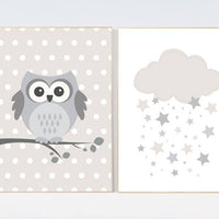 Owl nursery decor, gender neutral nursery, owl decor for nursery, beige and cream, cloud Nursery Decor Gray Beige gender neutral baby shower